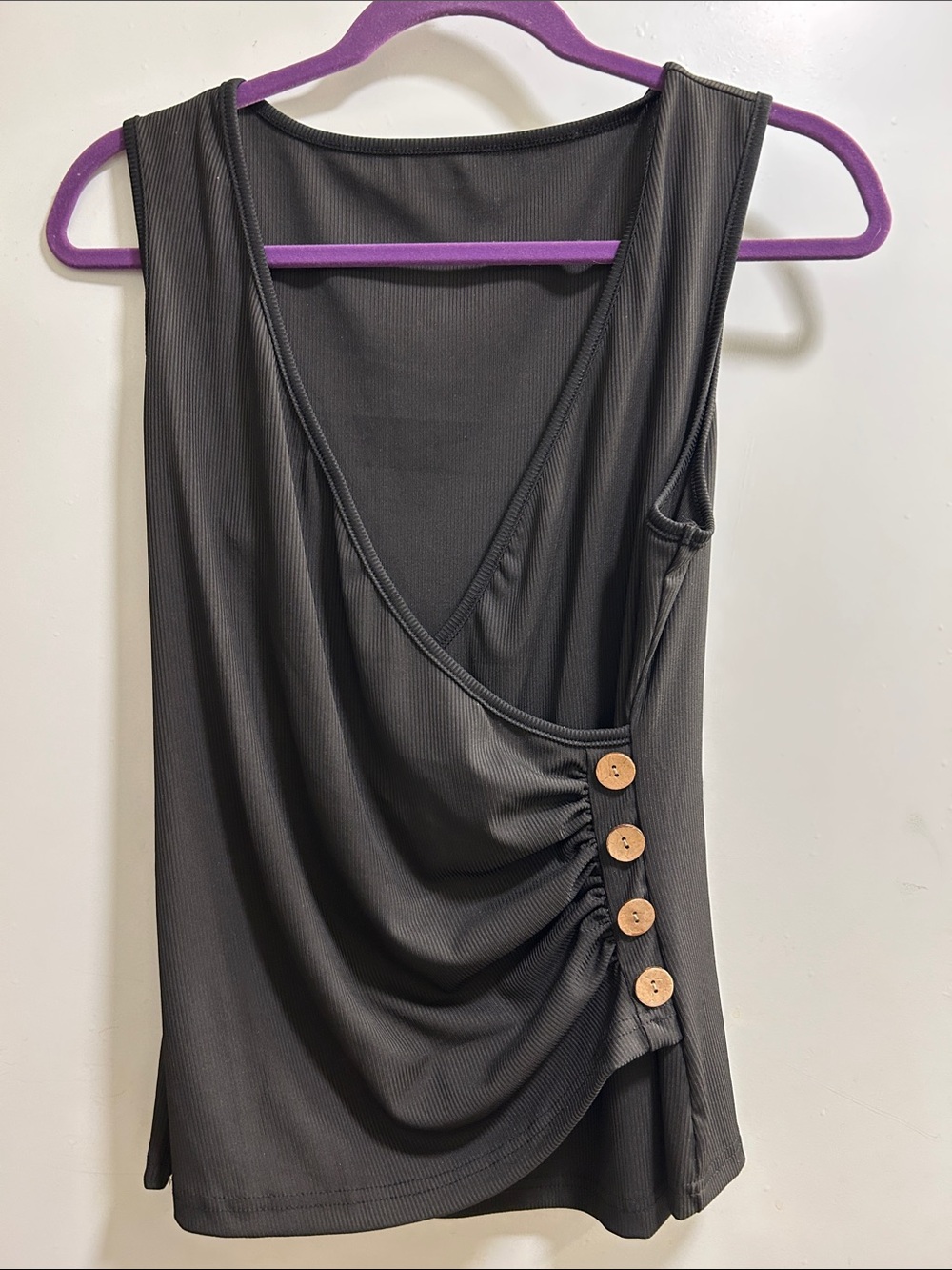 New Sleeveless Draped Tank with Button Detail - Black
